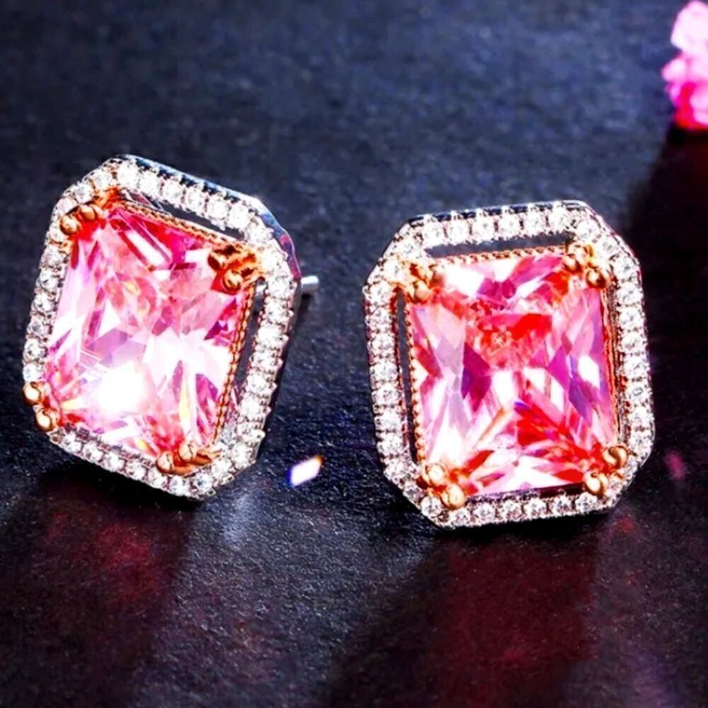 Natural Pink Topex Stud Earrings Surrounded by White Topaz on 925 Silver - Picture 5 of 5